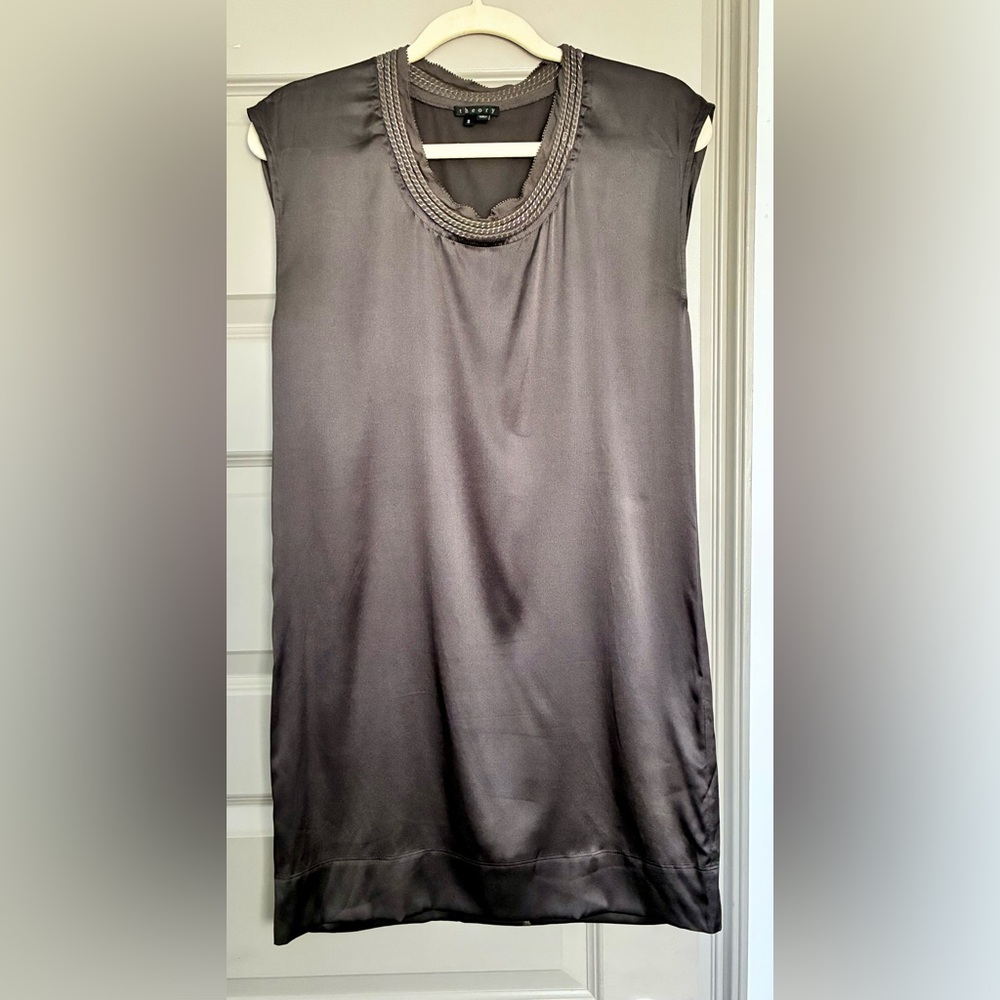 Theory Charcoal Satin Mini Dress with Chain Neckline